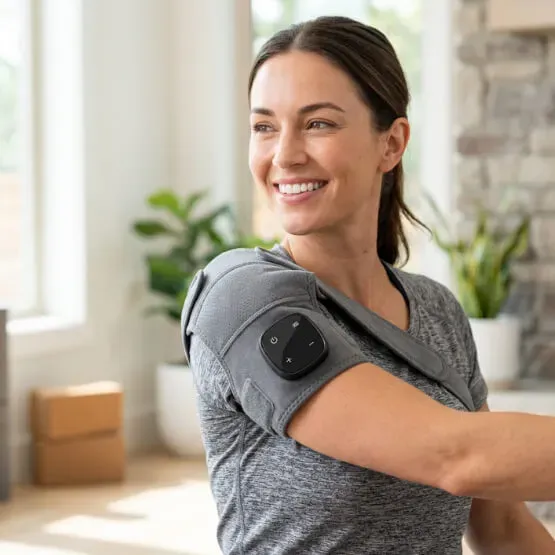 Woman relaxing while wearing the Vital Shoulder Massager