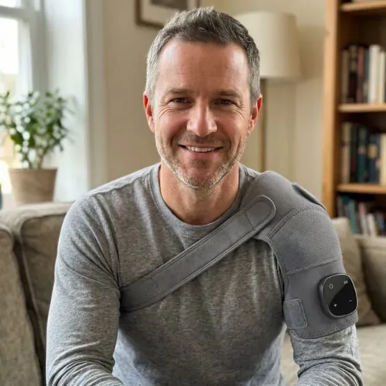 Man wearing the Vital Shoulder Massager at home